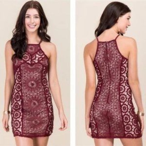 Francesca’s Lace Wine Maroon Color Crochet Halter Dress Size Large
